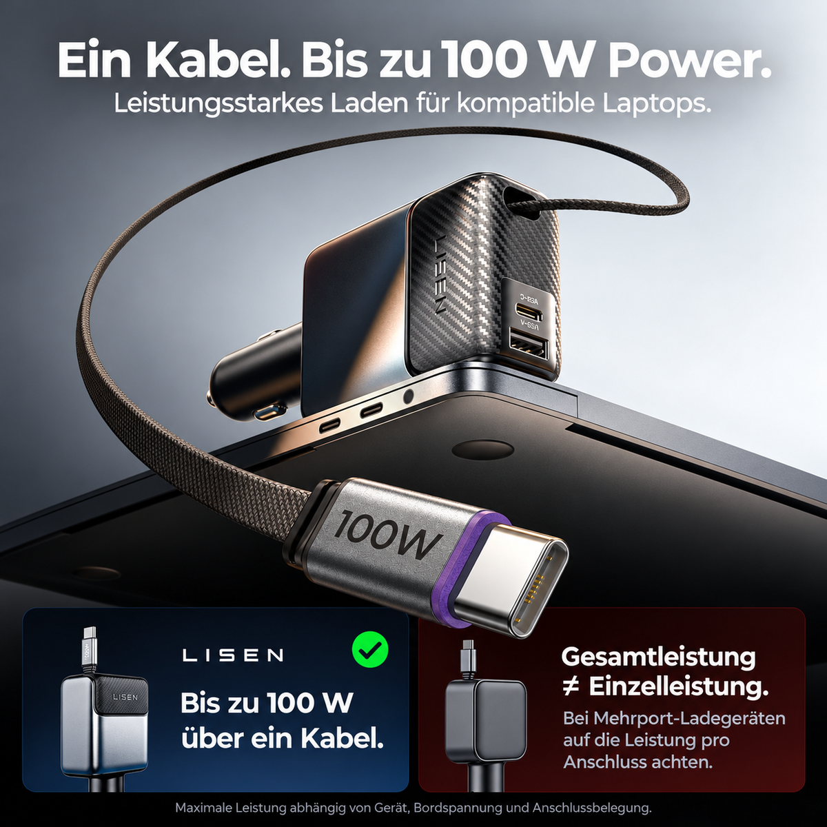 LISEN Apex Kfz-Ladegerät mit ausziehbarem USB-C-Kabel bis 100 W – USB-C & USB-A