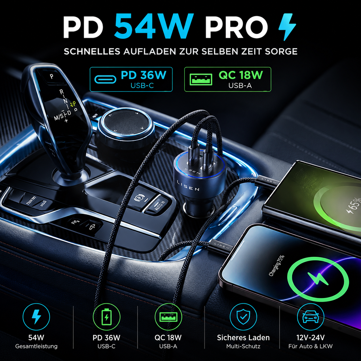 LISEN 54W USB C KFZ Ladegerät PD QC3.0 Auto Zigarettenanzünder 12V/24V