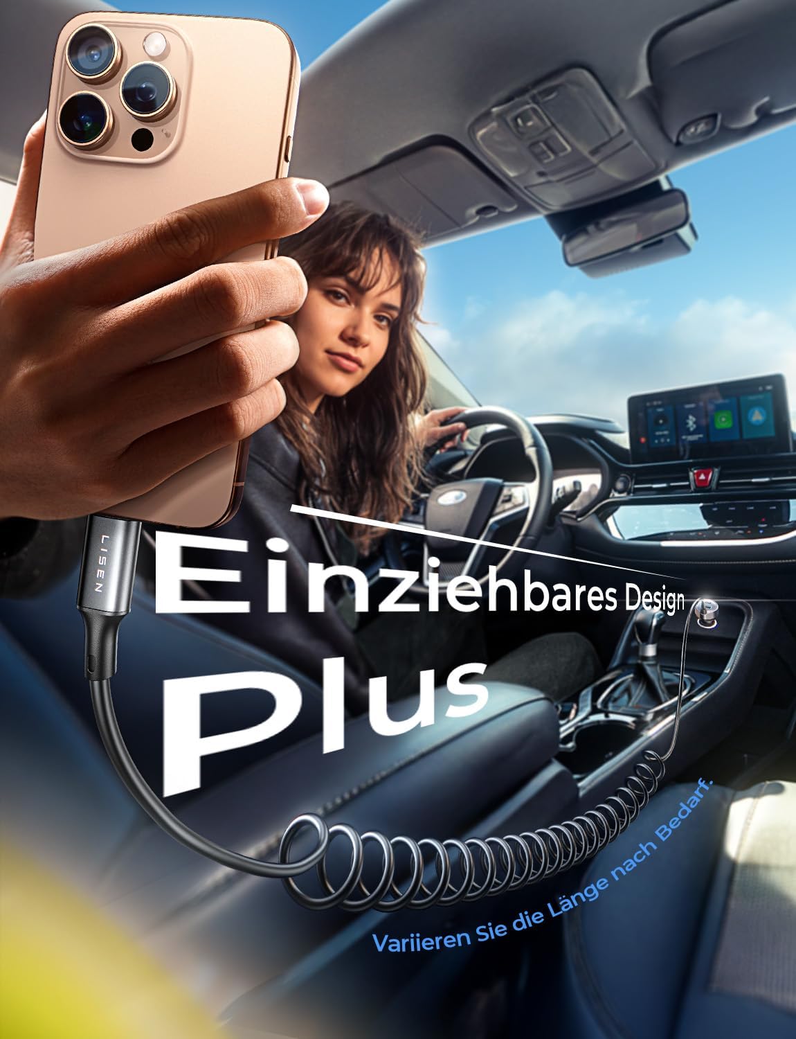 LISEN 65W USB-C Auto-Ladegerät – 2x USB-C PD + 1x USB-A QC, Spiralkabel