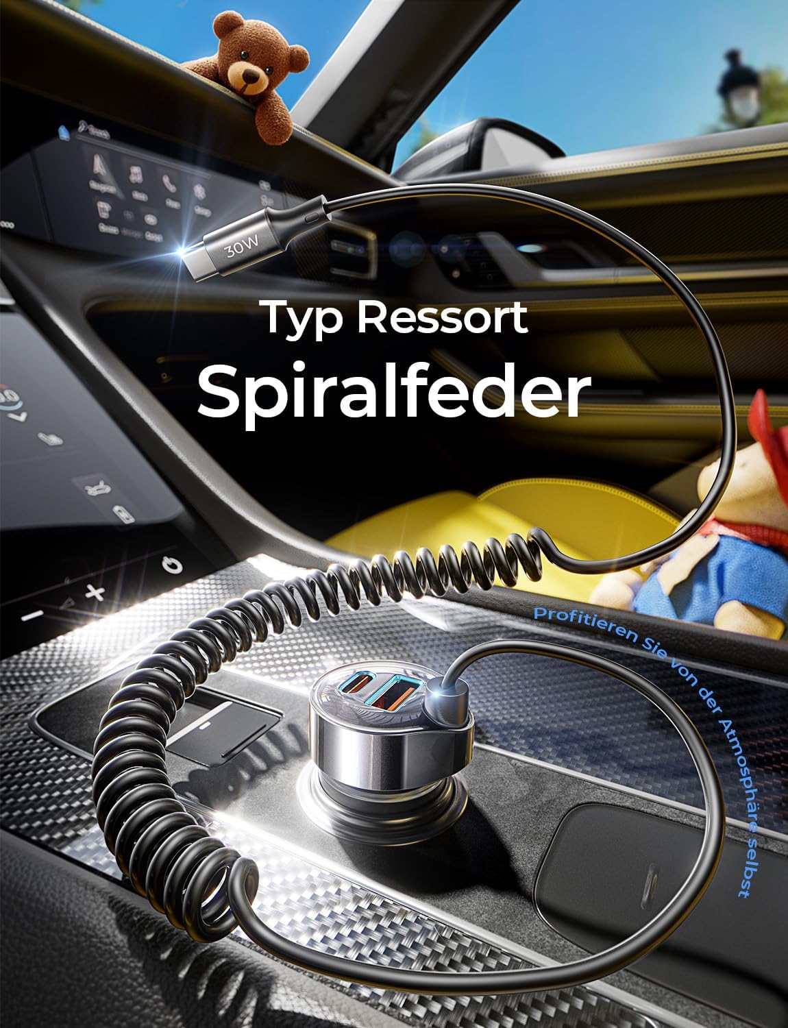 LISEN 65W USB-C Auto-Ladegerät – 2x USB-C PD + 1x USB-A QC, Spiralkabel