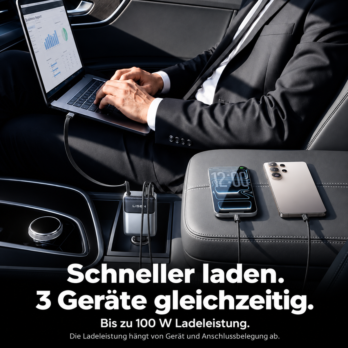 LISEN Apex Kfz-Ladegerät mit ausziehbarem USB-C-Kabel bis 100 W – USB-C & USB-A