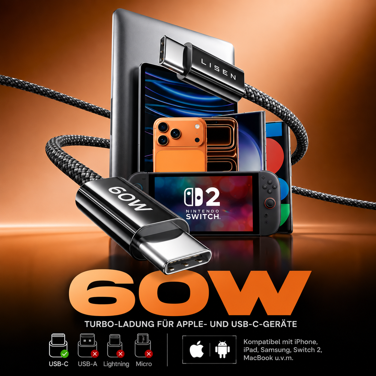 LISEN USB-C auf USB-C Kabel " 5er Set 60W" Schnellladen für iPhone Samsung iPad