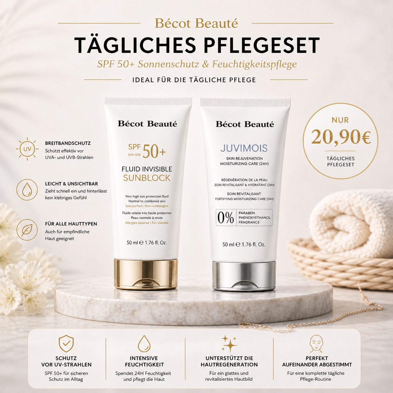 Bécot Beauté Pflege-Set – SPF 50+ Sonnenschutz & Feuchtigkeitscreme für empfindliche Haut