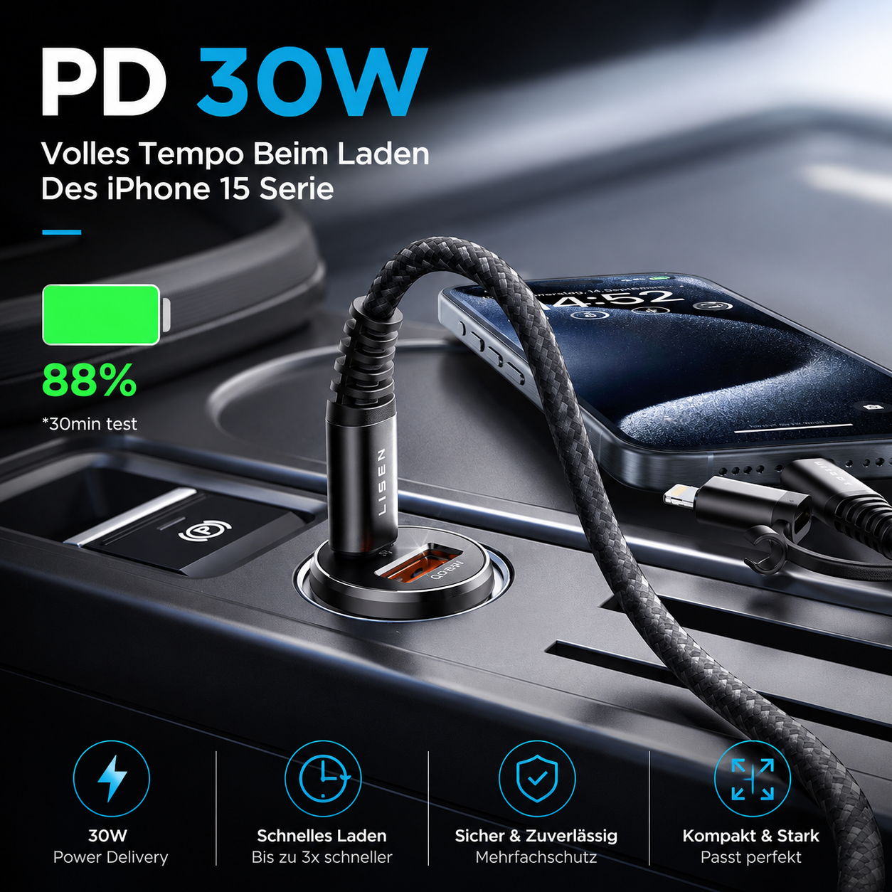 LISEN 54W USB C KFZ Ladegerät PD QC3.0 Auto Zigarettenanzünder 12V/24V