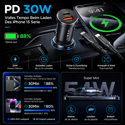 LISEN 54W USB C KFZ Ladegerät PD QC3.0 Auto Zigarettenanzünder 12V/24V