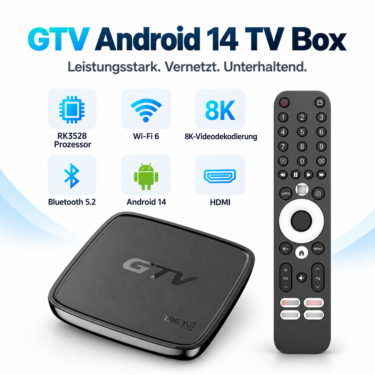 GTV i96 Android 14 TV Box – 4 GB/32 GB, Wi‑Fi 6, 8K & Bluetooth 5.2
