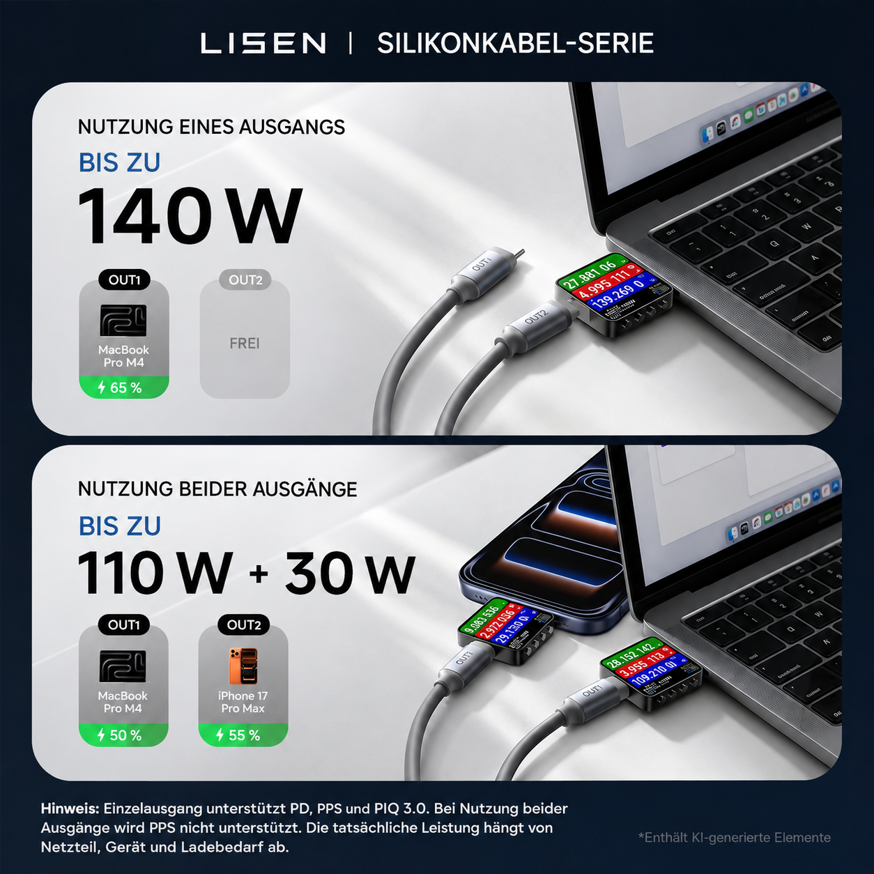 LISEN 140W USB-C Splitter-Ladekabel 2-in-1 – Dual USB-C, 2 m