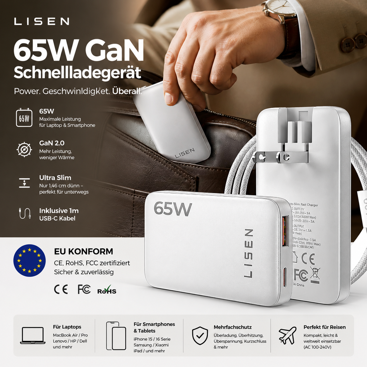 LISEN 65W GaN USB-C Schnellladegerät – Ultra Slim Ladeadapter mit 1m USB-C Kabel für MacBook, iPhone, iPad & Laptop