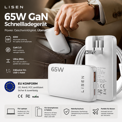 LISEN 65W GaN USB-C Schnellladegerät – Ultra Slim Ladeadapter mit 1m USB-C Kabel für MacBook, iPhone, iPad & Laptop