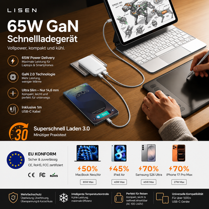 LISEN 65W GaN USB-C Schnellladegerät – Ultra Slim Ladeadapter mit 1m USB-C Kabel für MacBook, iPhone, iPad & Laptop