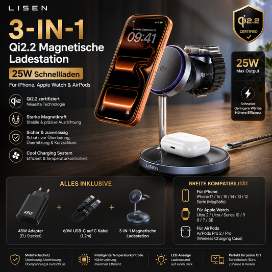 LISEN Qi2.2 25W 3-in-1 Magnetische Ladestation – Für iPhone, Apple Watch & AirPods