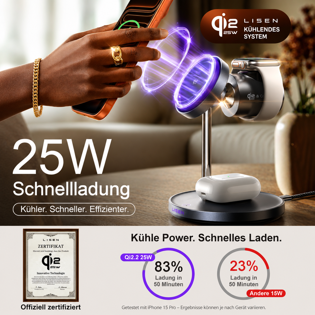 LISEN Qi2.2 25W 3-in-1 Magnetische Ladestation – Für iPhone, Apple Watch & AirPods