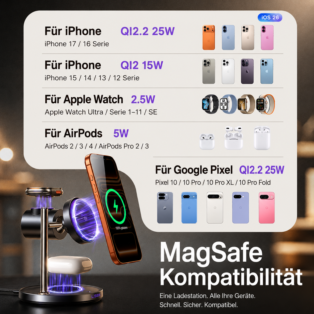 LISEN Qi2.2 25W 3-in-1 Magnetische Ladestation – Für iPhone, Apple Watch & AirPods