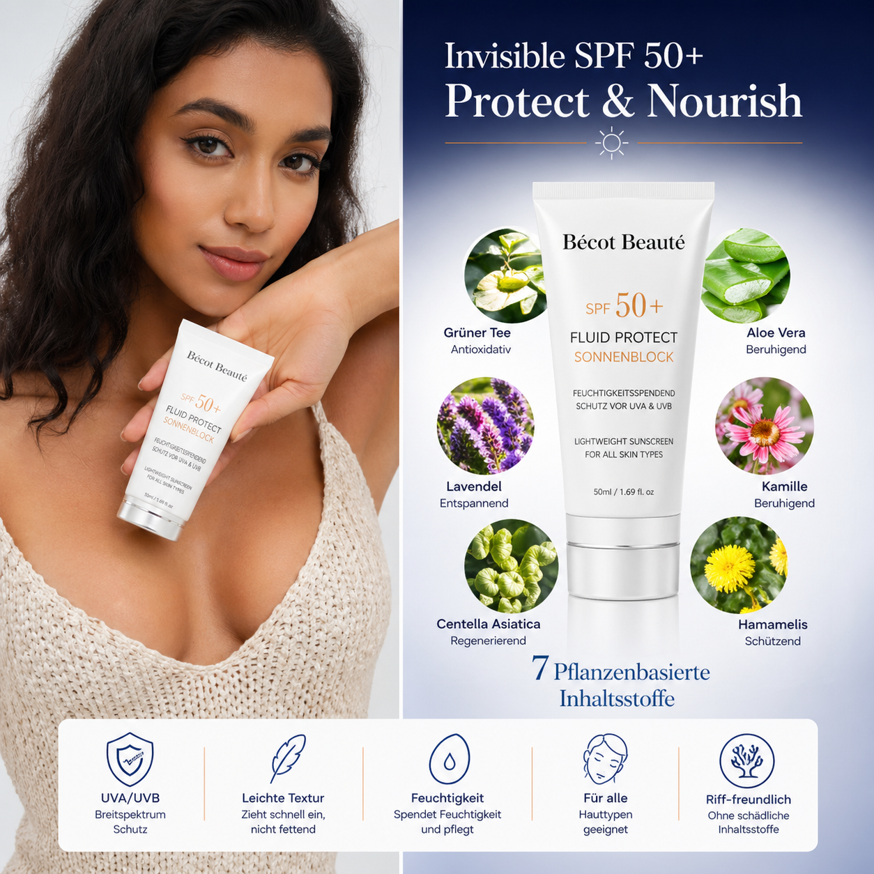 Becot Beauté SPF 50+ Sonnencreme Anti-Aging Unsichtbar Leichte Textur UVA UVB Schutz