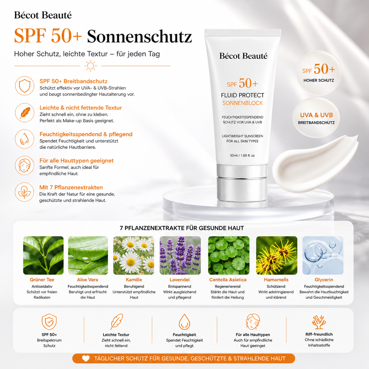 Becot Beauté SPF 50+ Sonnencreme Anti-Aging Unsichtbar Leichte Textur UVA UVB Schutz