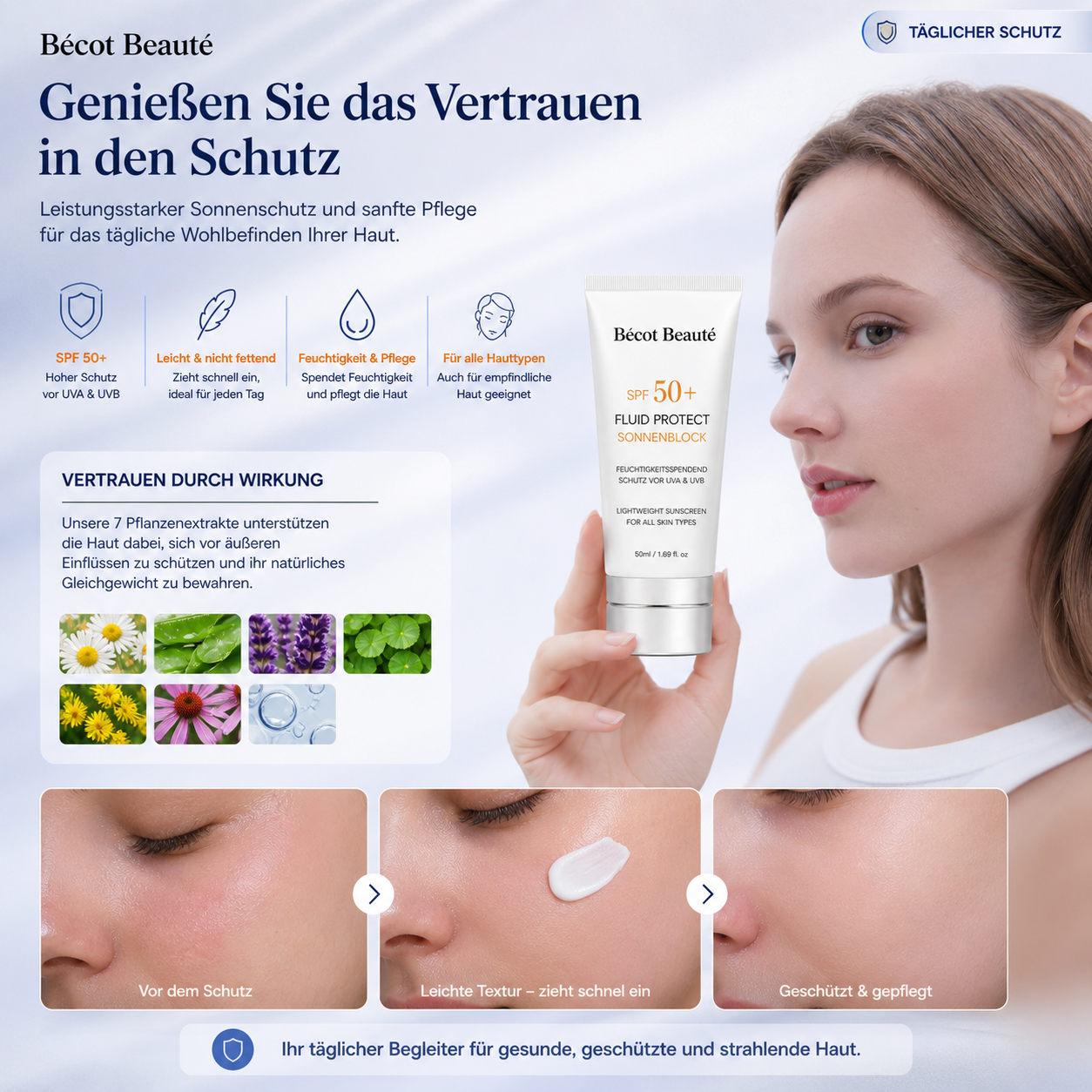 Becot Beauté SPF 50+ Sonnencreme Anti-Aging Unsichtbar Leichte Textur UVA UVB Schutz