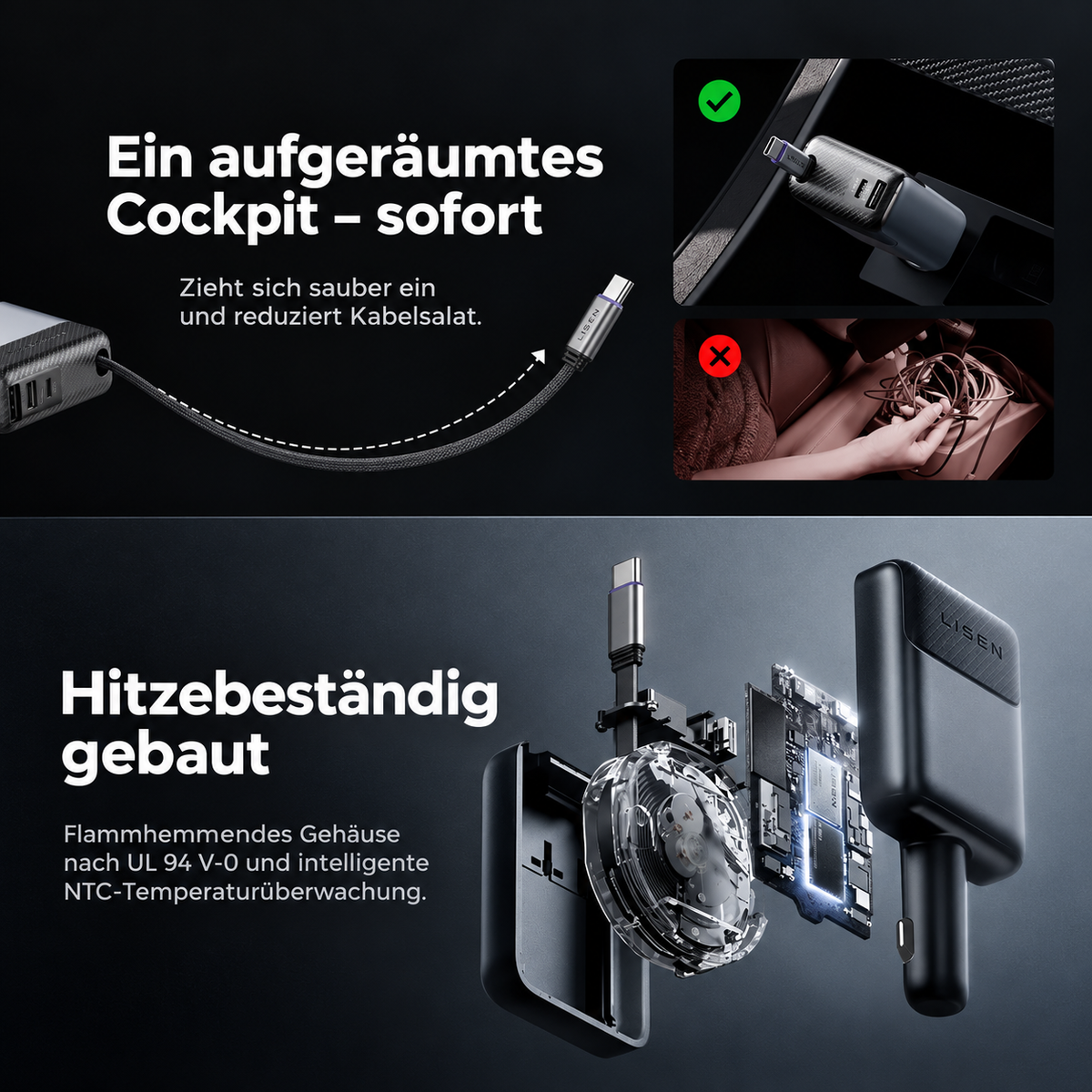 LISEN Apex Kfz-Ladegerät mit ausziehbarem USB-C-Kabel bis 100 W – USB-C & USB-A