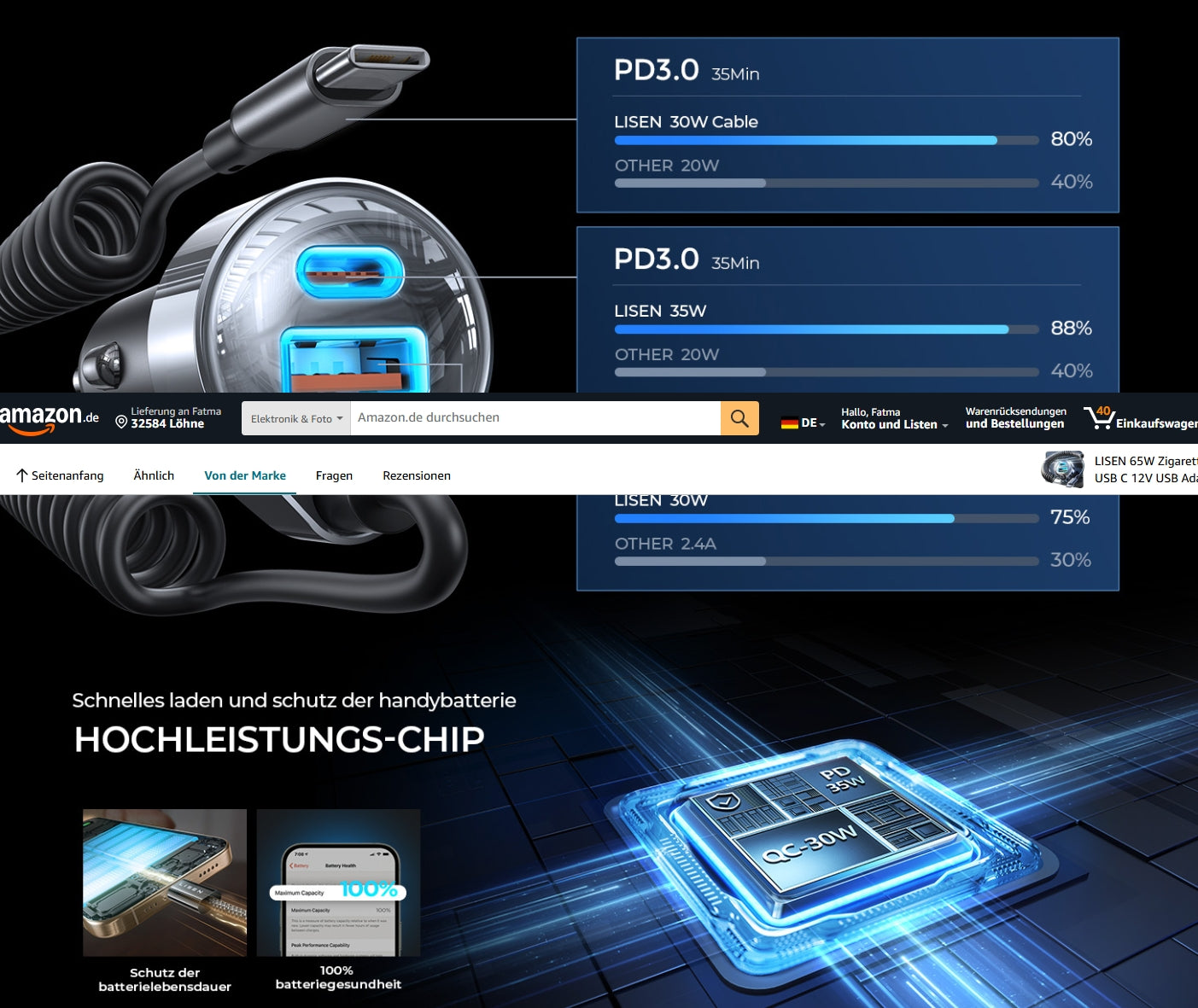 LISEN 65W USB-C Auto-Ladegerät – 2x USB-C PD + 1x USB-A QC, Spiralkabel
