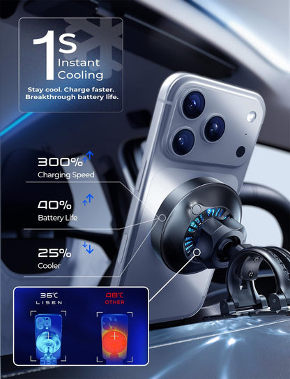 LISEN Qi2.2 25W Magnetisches Auto-Ladegerät mit Lüfter – Wireless Car Mount (iPhone Serie, MagSafe-kompatibel)