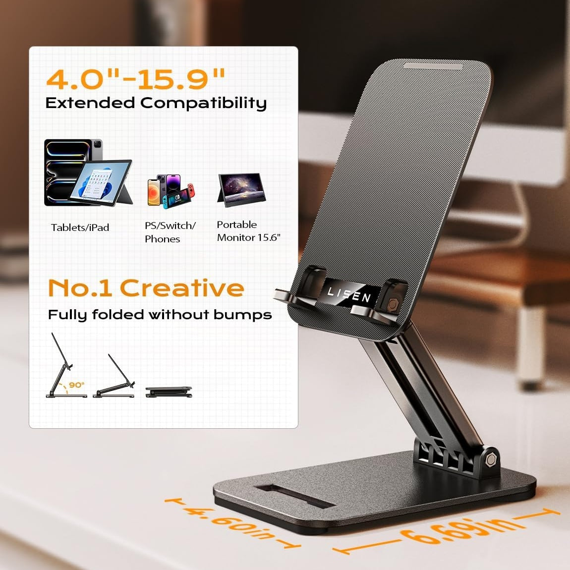 LISEN Faltbarer Tablet-Ständer / Verstellbarer iPad-Halter / Tragbare Monitor-Halterung (4–15,9 Zoll)