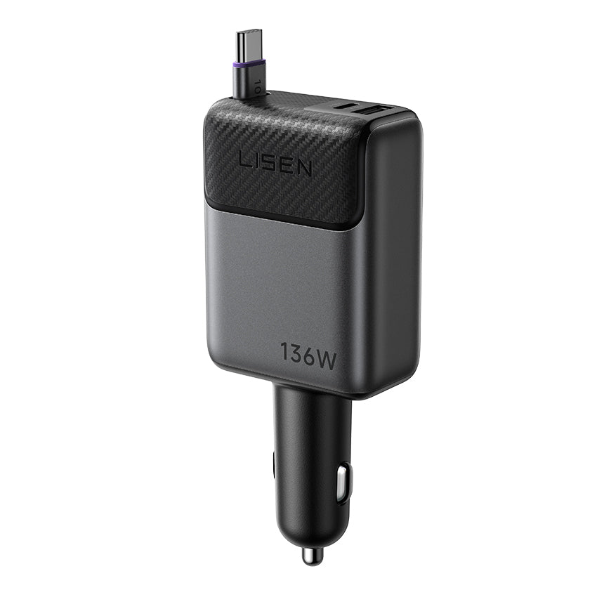 LISEN Apex Kfz-Ladegerät mit ausziehbarem USB-C-Kabel bis 100 W – USB-C & USB-A