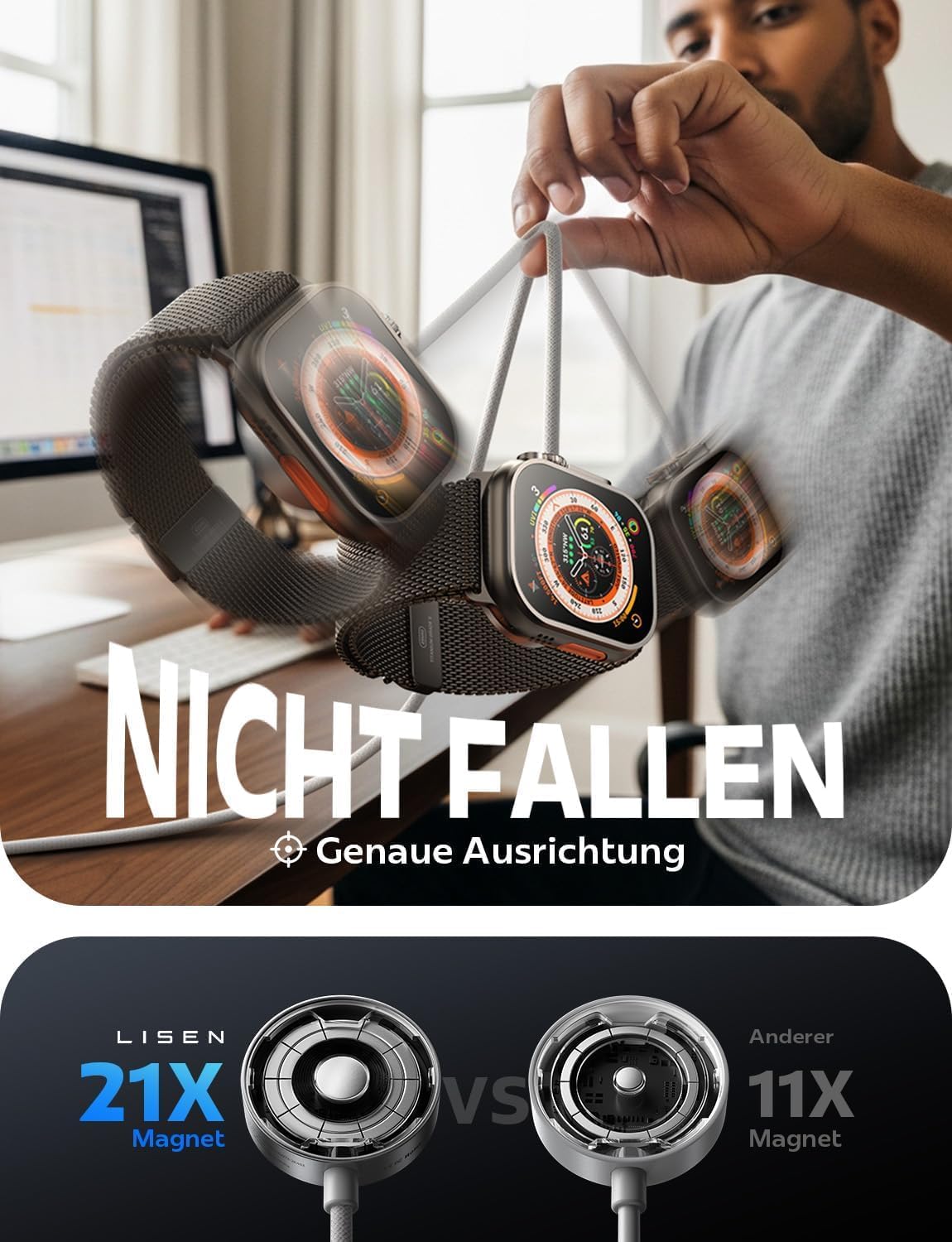 LISEN Apple Watch Ladegerät USB-C – Magnetisches Schnellladekabel für Watch Ultra, Series 10–3 & AirPods Pro