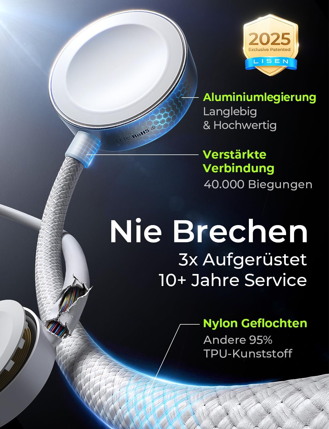 LISEN Apple Watch Ladegerät USB-C – Magnetisches Schnellladekabel für Watch Ultra, Series 10–3 & AirPods Pro