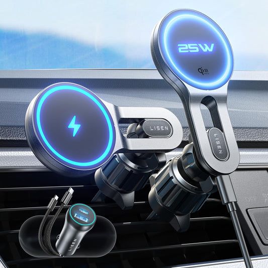 LISEN 25W Wireless Charger Auto Halter Qi2 Magnet KFZ Stahlhaken Inklusive KFZ-Zigarettenzünder – sofort einsatzbereit