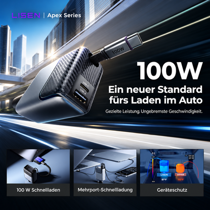 LISEN Apex Kfz-Ladegerät mit ausziehbarem USB-C-Kabel bis 100 W – USB-C & USB-A