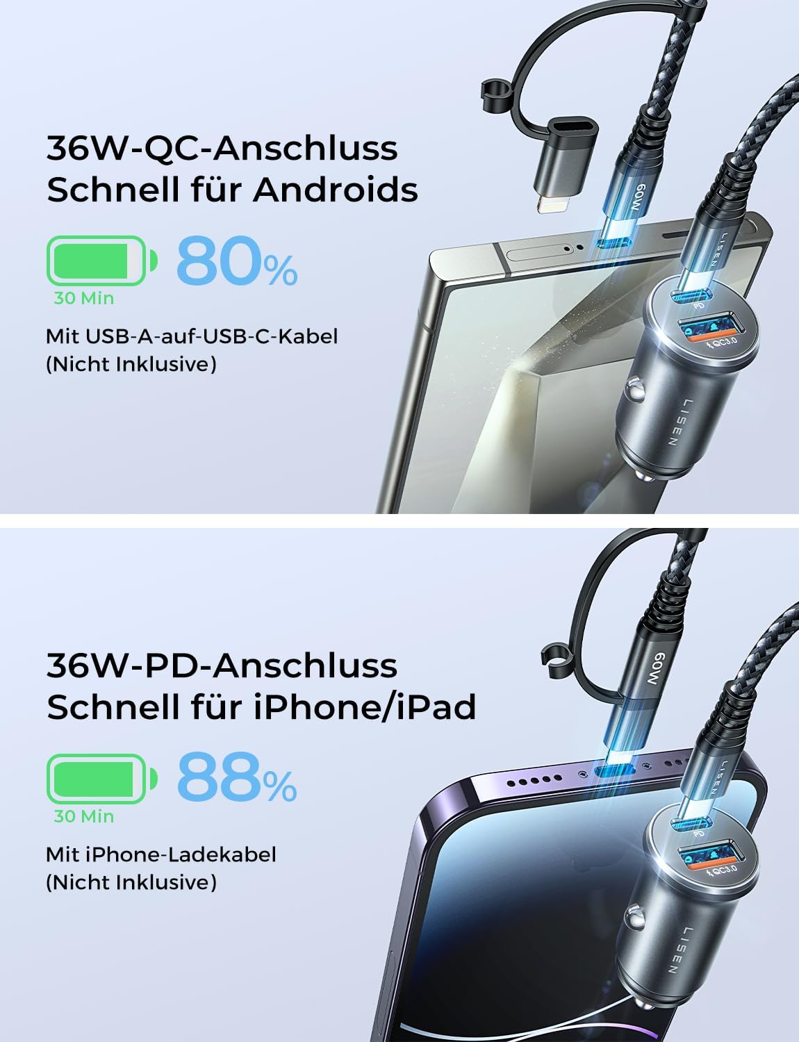 LISEN 54W USB C KFZ Ladegerät PD QC3.0 Auto Zigarettenanzünder 12V/24V
