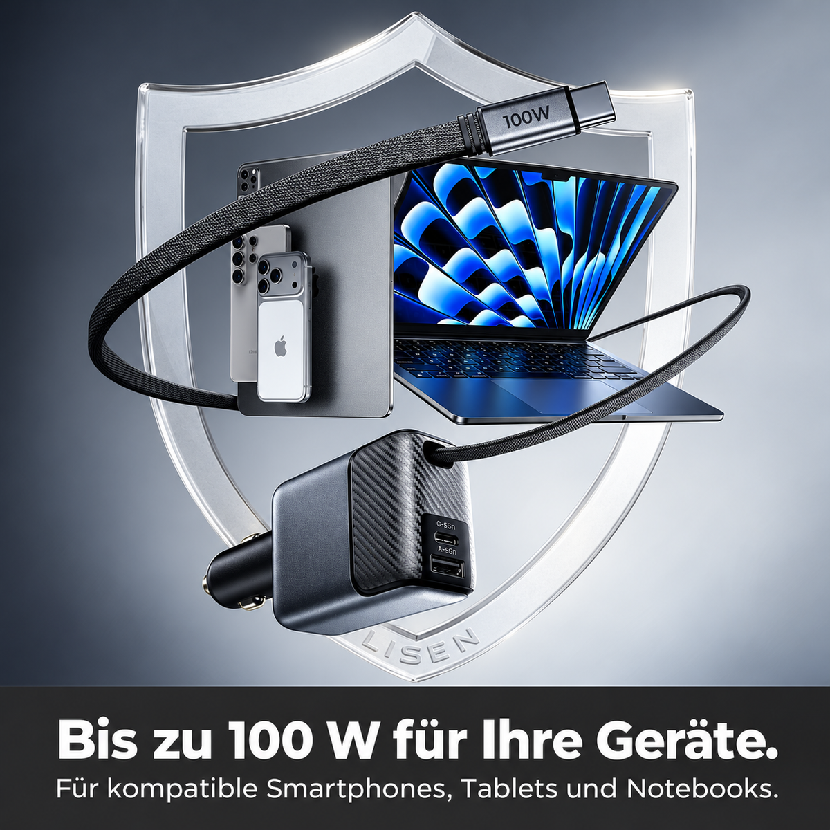 LISEN Apex Kfz-Ladegerät mit ausziehbarem USB-C-Kabel bis 100 W – USB-C & USB-A