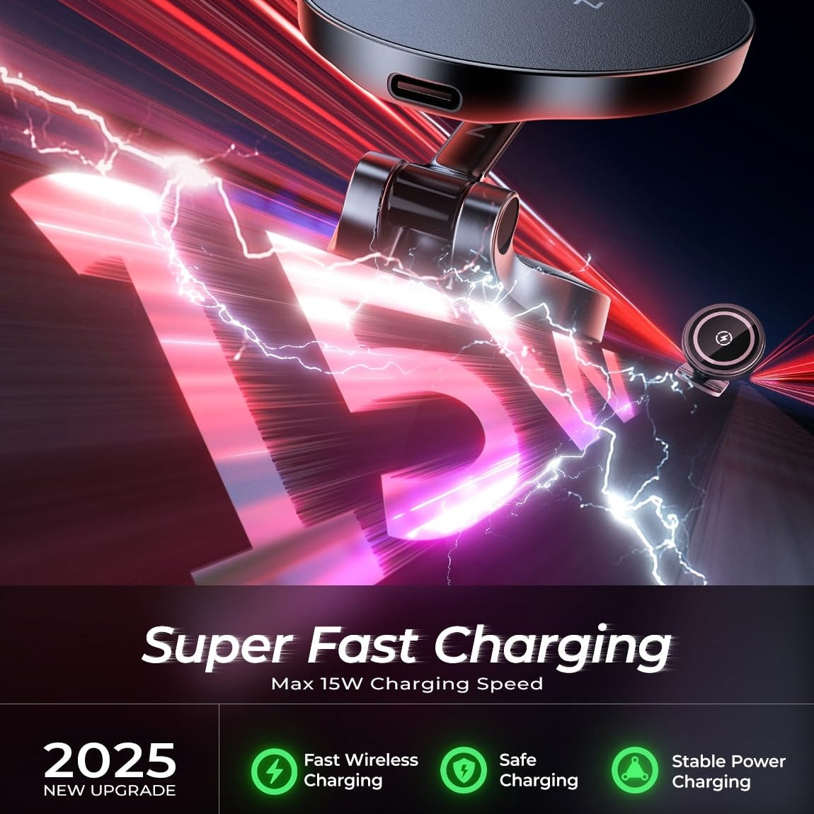 LISEN Magnetischer Auto-Handyhalter – 15W MagSafe Ladegerät, Aluminium, 360° Drehbar