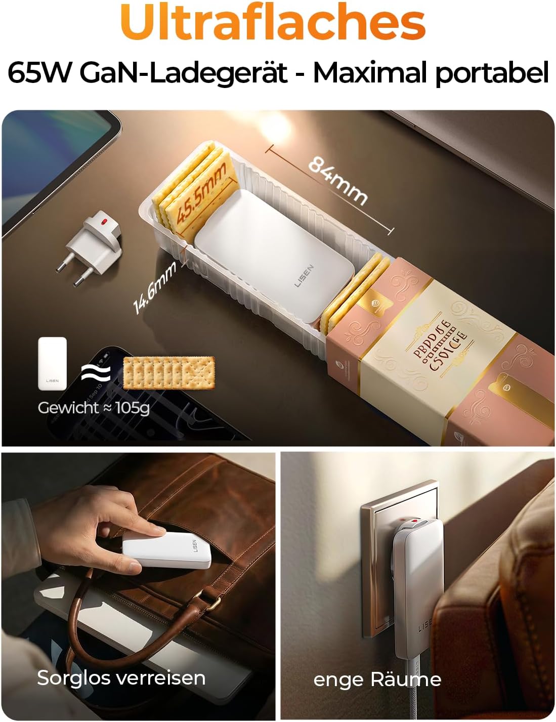 LISEN 65W GaN USB-C Schnellladegerät – Ultra Slim Ladeadapter mit 1m USB-C Kabel für MacBook, iPhone, iPad & Laptop