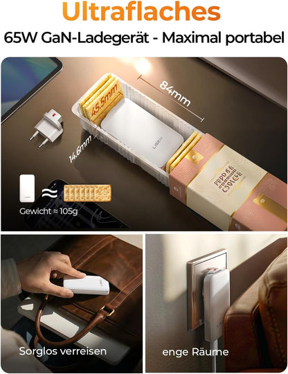 LISEN 65W GaN USB-C Schnellladegerät – Ultra Slim Ladeadapter mit 1m USB-C Kabel für MacBook, iPhone, iPad & Laptop