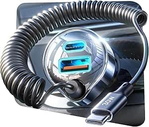 LISEN 65W USB-C Auto-Ladegerät – 2x USB-C PD + 1x USB-A QC, Spiralkabel