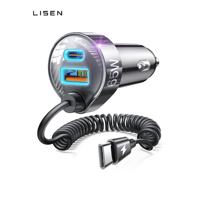LISEN 65W USB-C Auto-Ladegerät – 2x USB-C PD + 1x USB-A QC, Spiralkabel