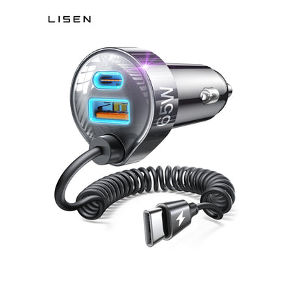 LISEN 65W USB-C Auto-Ladegerät – 2x USB-C PD + 1x USB-A QC, Spiralkabel