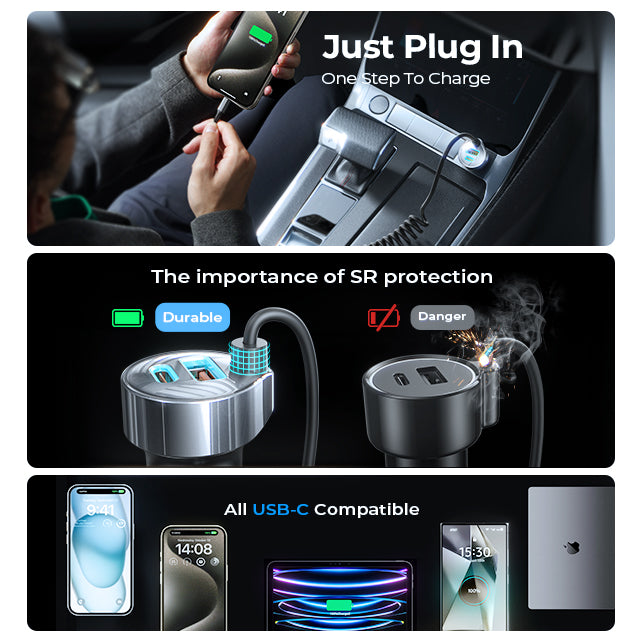 LISEN 65W USB-C Auto-Ladegerät – 2x USB-C PD + 1x USB-A QC, Spiralkabel