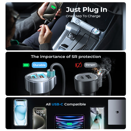 LISEN 65W USB-C Auto-Ladegerät – 2x USB-C PD + 1x USB-A QC, Spiralkabel