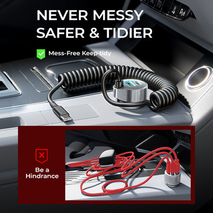 LISEN 65W USB-C Auto-Ladegerät – 2x USB-C PD + 1x USB-A QC, Spiralkabel