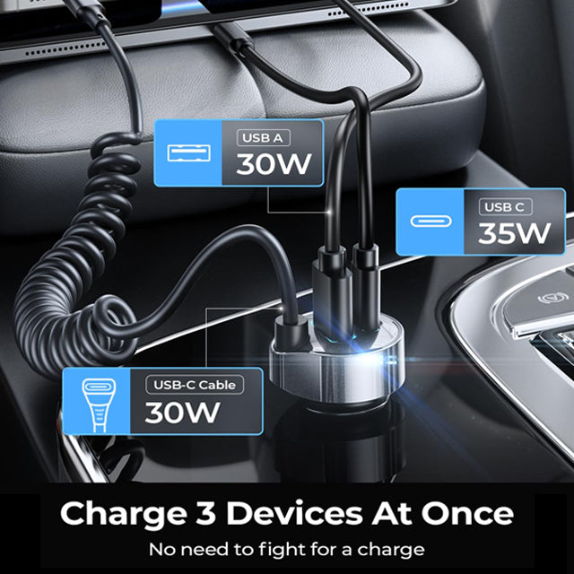 LISEN 65W USB-C Auto-Ladegerät – 2x USB-C PD + 1x USB-A QC, Spiralkabel