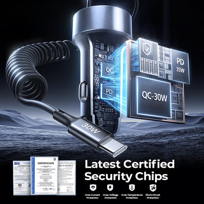 LISEN 65W USB-C Auto-Ladegerät – 2x USB-C PD + 1x USB-A QC, Spiralkabel