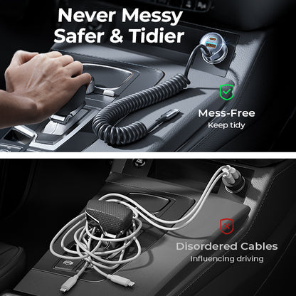 LISEN 65W USB-C Auto-Ladegerät – 2x USB-C PD + 1x USB-A QC, Spiralkabel