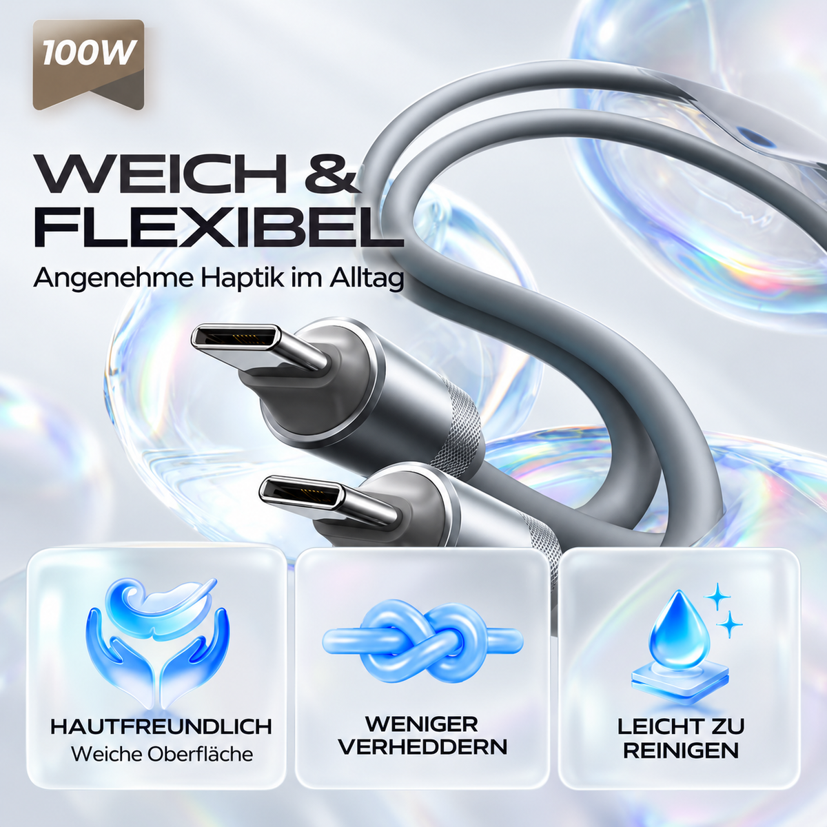 LISEN USB-C auf USB-C Kabel – 100 W PD Schnellladekabel mit weicher Silikonoberfläche