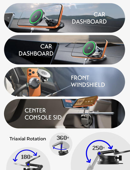 LISEN Qi2 25W Magnetisches Auto-Ladegerät – Vakuum-Saugnapf Halterung, 360° drehbar (iPhone 12–17 & Android)
