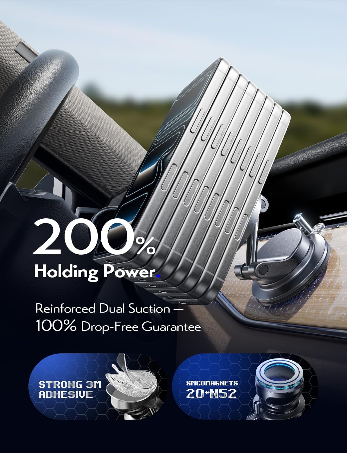 LISEN Qi2 25W Magnetisches Auto-Ladegerät – Vakuum-Saugnapf Halterung, 360° drehbar (iPhone 12–17 & Android)