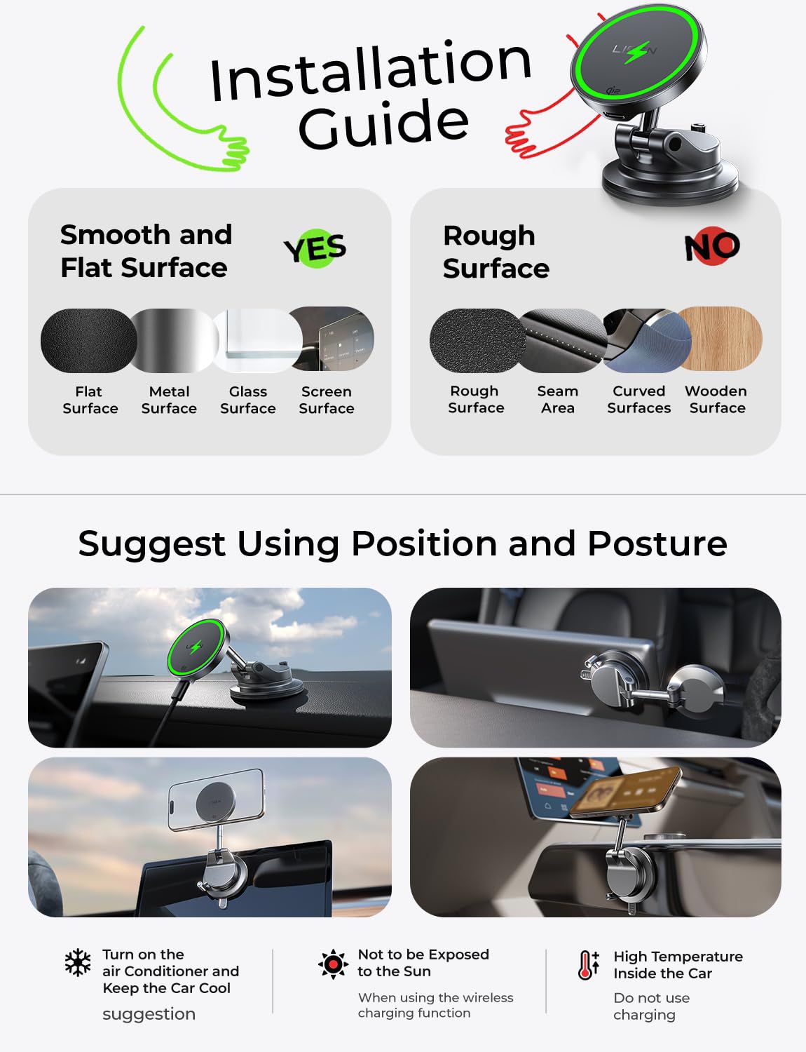 LISEN Qi2 25W Magnetisches Auto-Ladegerät – Vakuum-Saugnapf Halterung, 360° drehbar (iPhone 12–17 & Android)